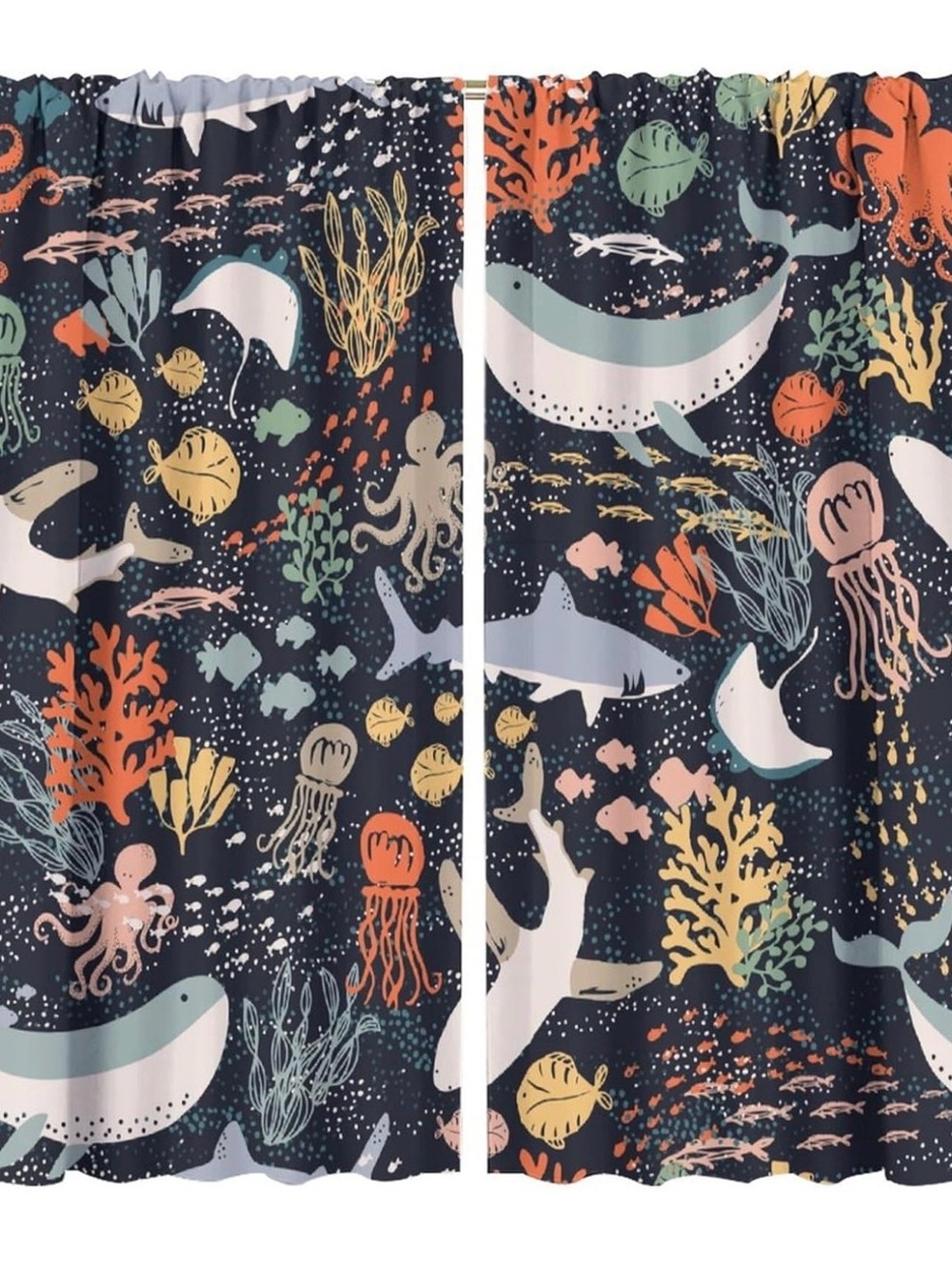 Navy Ocean Life Shower Curtain with Colorful Sea Creatures
